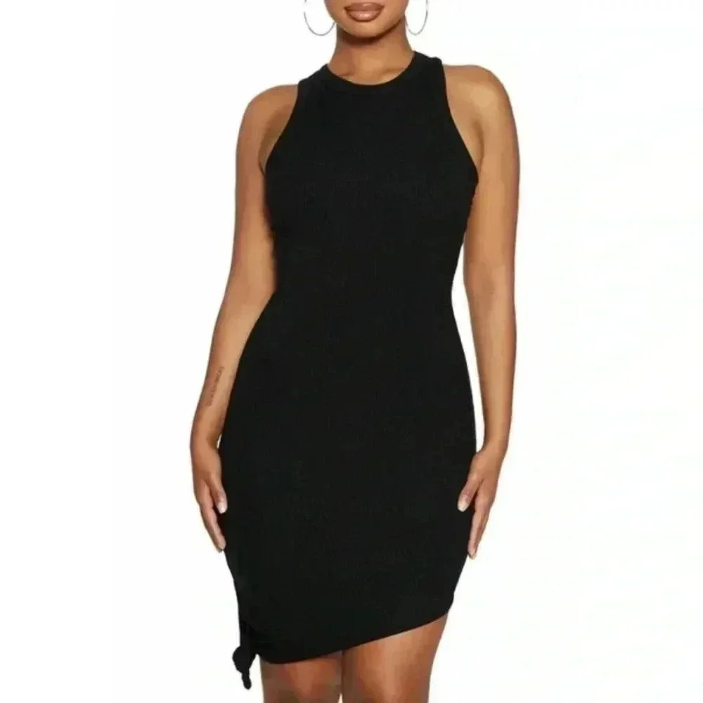 Naked wardrobe SIDE TIE ASYMMETRIC HEM TANK DRESS IN BLACK S